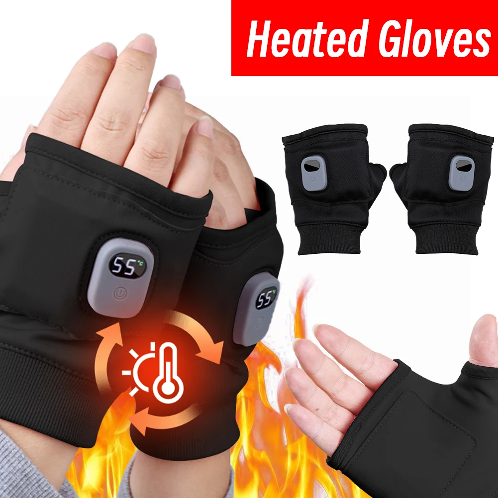 1/2Pair Electric Heating Gloves 360° Heating Rechargeable Heated Gloves Windproof Fingerless for Outdoor Hiking Cycling