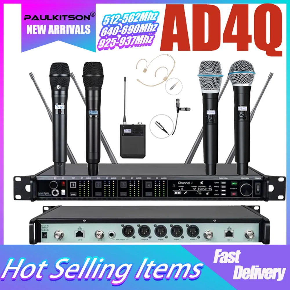 

Paulkitson AD4Q 4 Channel Wireless Microphone Professional Stage Microfone Condsensor KSM11 KSM9 BETA87A Capsule 500/600/900Mhz