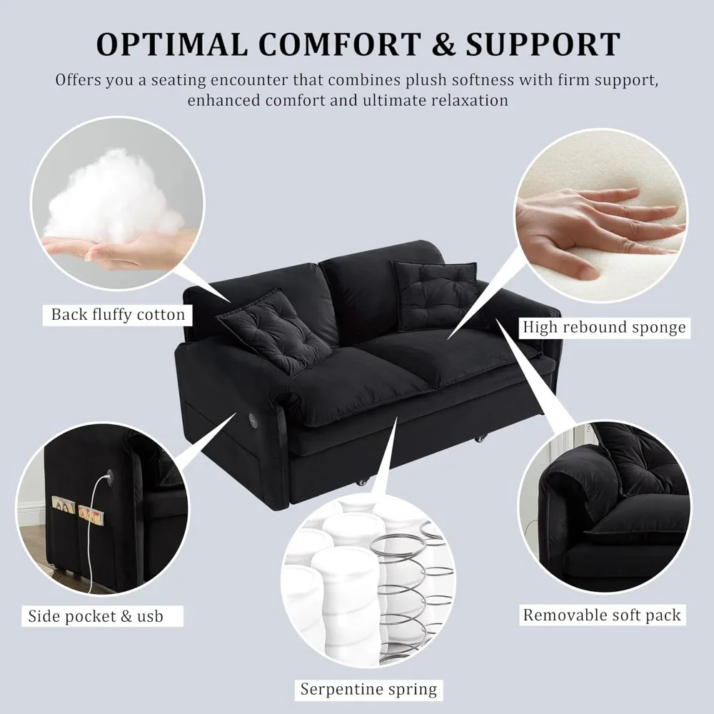 أريكة سرير فوتون حديثة قابلة للتحويل 3 في 1 مع منافذ USB، أريكة نوم بحجم كوين قابلة للسحب، مخمل مريح، جيوب جانبية، Ide #4