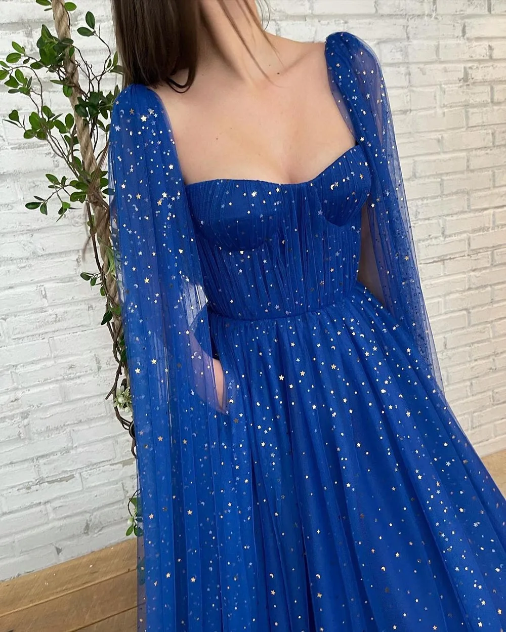 Sevintage Sparkly Royal Blue Starry Tulle Prom Dresses ยาว Cape Sweetheart A-Line ชุดพรรคอย่างเป็นทางการ2022ชุดราตรี