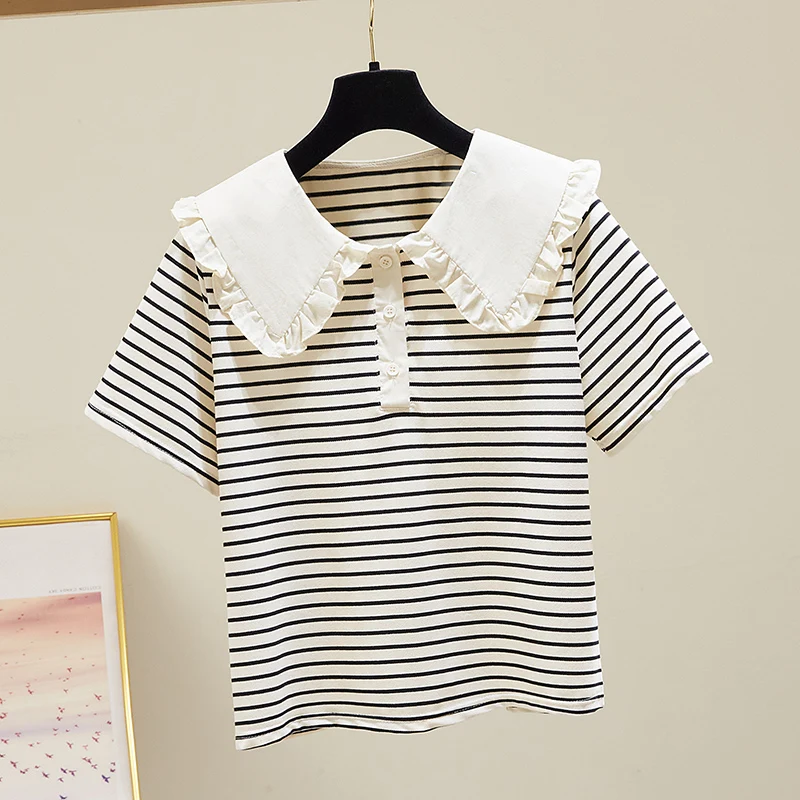 Striped Short Sleeve T-shirt Large Size 2024 Women's Summer New Fashion Peter Pan Collar Loose Tee Korean All-Match Top