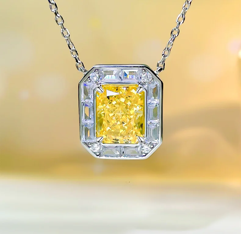 

Fashionable Style 925 Sterling Silver Necklace Yellow Diamond Pendant Set with High Carbon Diamonds, Advanced and Retro