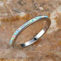 Female Charm White Fire Opal Blue Stone Rings Vintage Fashion Silver Color Wedding Band Jewelry For Women