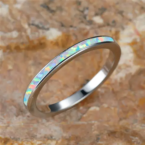 Female Charm White Fire Opal Blue Stone Rings Vintage Fashion Silver Color Wedding Band Jewelry For Women