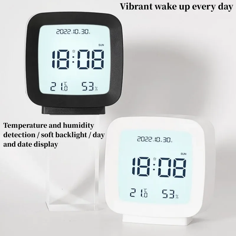 Mini Digital Alarm Clock Temperature Humidity Calendar Week Backlight Battery Powered Electronic Clock 12/24H Bedside LED Clock