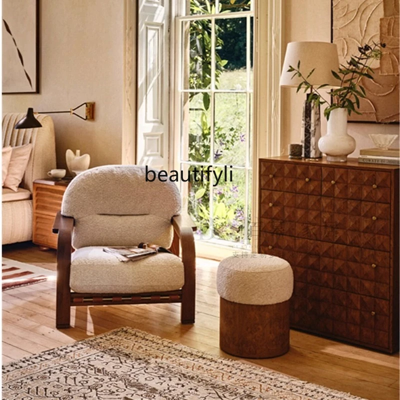 

Nordic Mid-Century Designer Solid Wood Sofa Chair Living Room Balcony Lamb Wool Lazy Leisure Chair Wabi-Sabi Style Single Chair