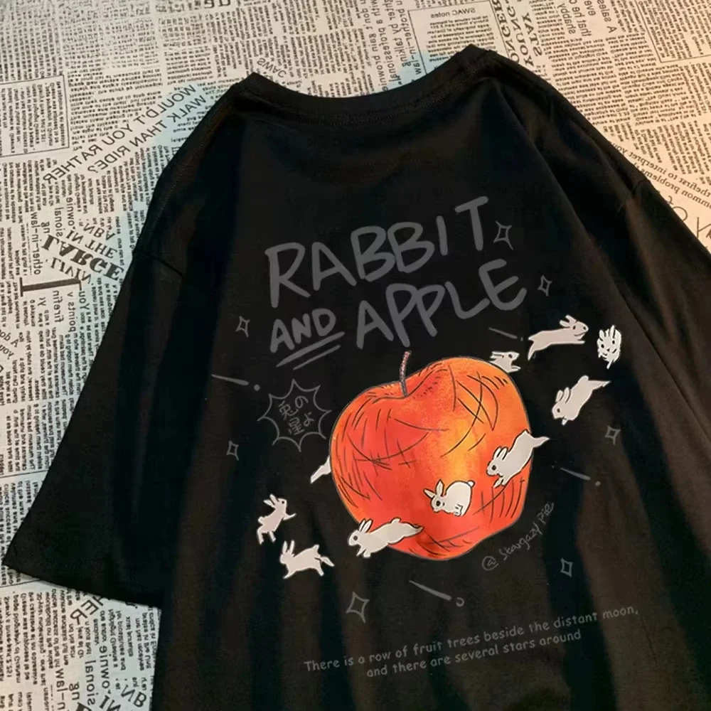 Rabbits Running Around Apples Print  Cartoon Breathable T Shirts Popular Comfort T-Shirt Retro Round Neck Short Sleeved
