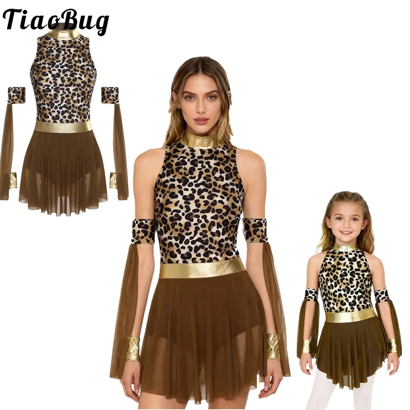 

Women Girls Prehistoric Cave Stone Carnival Cosplay Costumes Matched Oversleeves Tulle Dress Halloween Primitive Native Dress-up