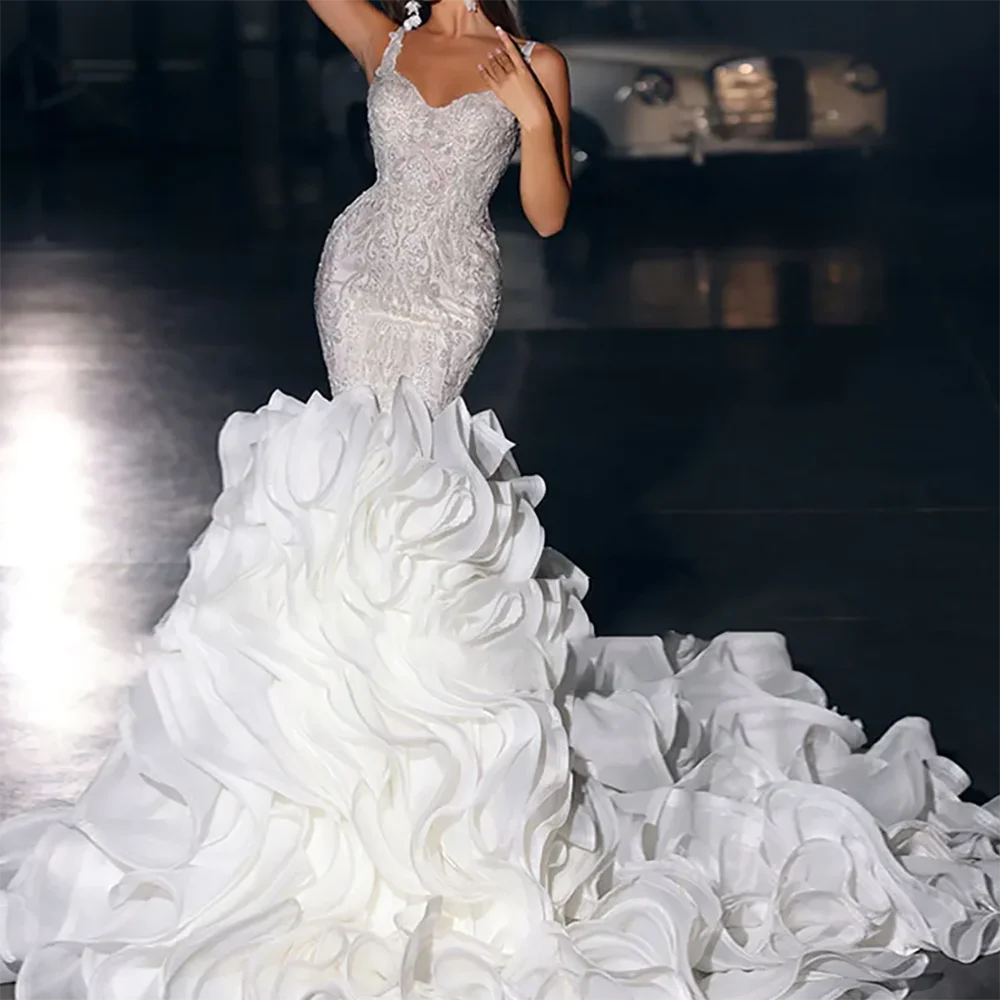 Elegante lieverd mouwloze kralen gelaagde zeemeermin bruid trouwjurken bruidsjurken op maat