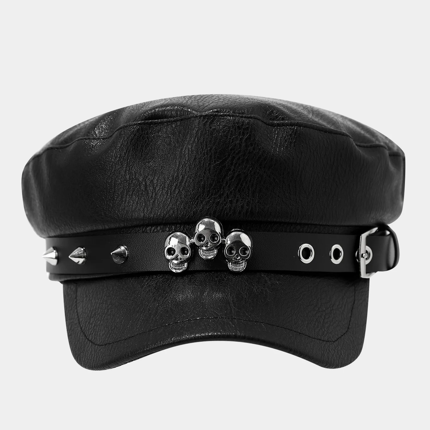 Punk Black Harajuku HOT Girls Gothic Subculture Handmade Rivet Faux Leather PU Hat Women Captain Sailor Visor Hat Newsboy Cap