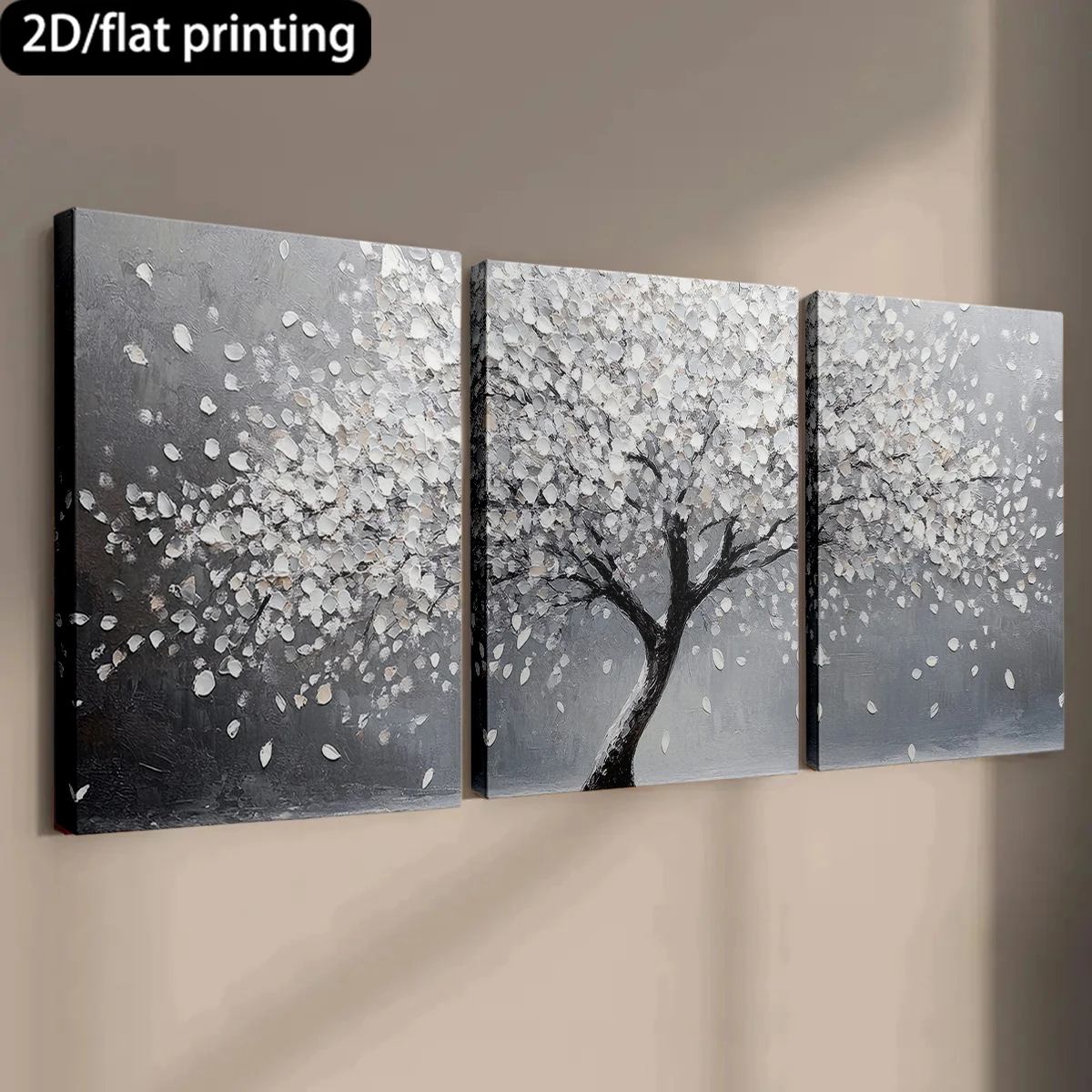 Impresión plana 2D, cuadro decorativo de lienzo con marco de madera de 3 piezas, árbol de pétalos blancos, escena serena. Decoración para pasillo y dormitorio.