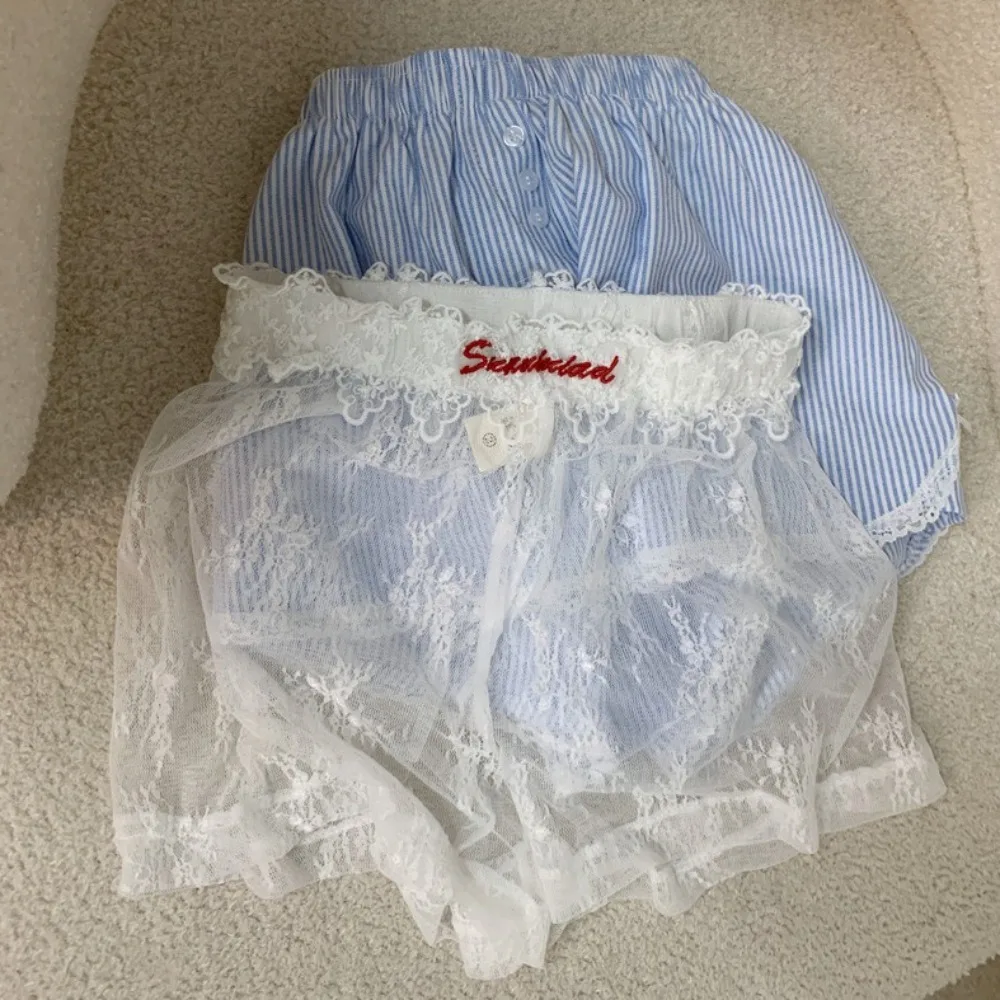 

Casual Loose Lace Plaid Shorts Mesh Flower Stripe High Waist Shorts Sweet Lolita Wide Leg Short Pants Women