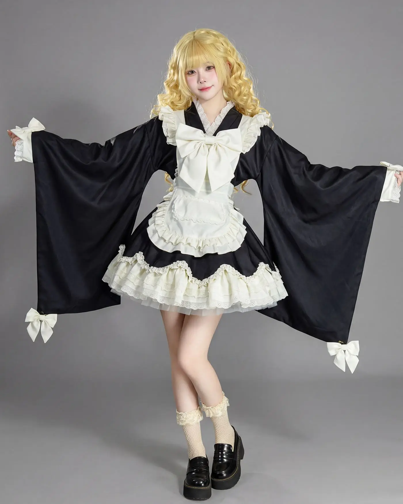 

Black Cute Lolita Long And Large Sleeve Maid Kimono Costumes Cosplay Top Skirt Maid Suit for Waitress Maid Party Costumes S -5XL