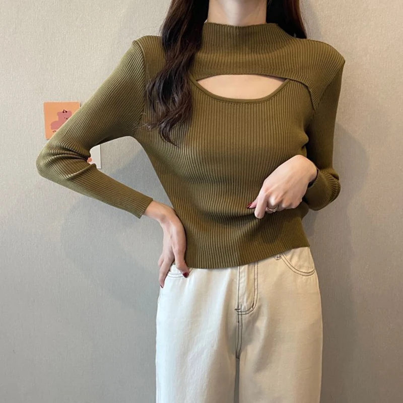 Autumn Half Turtle Neck Knit Sweaters Women Y2K Sexy Hollow Out Long Sleeves Slim Pullover Female Simple Solid All-match Jumper