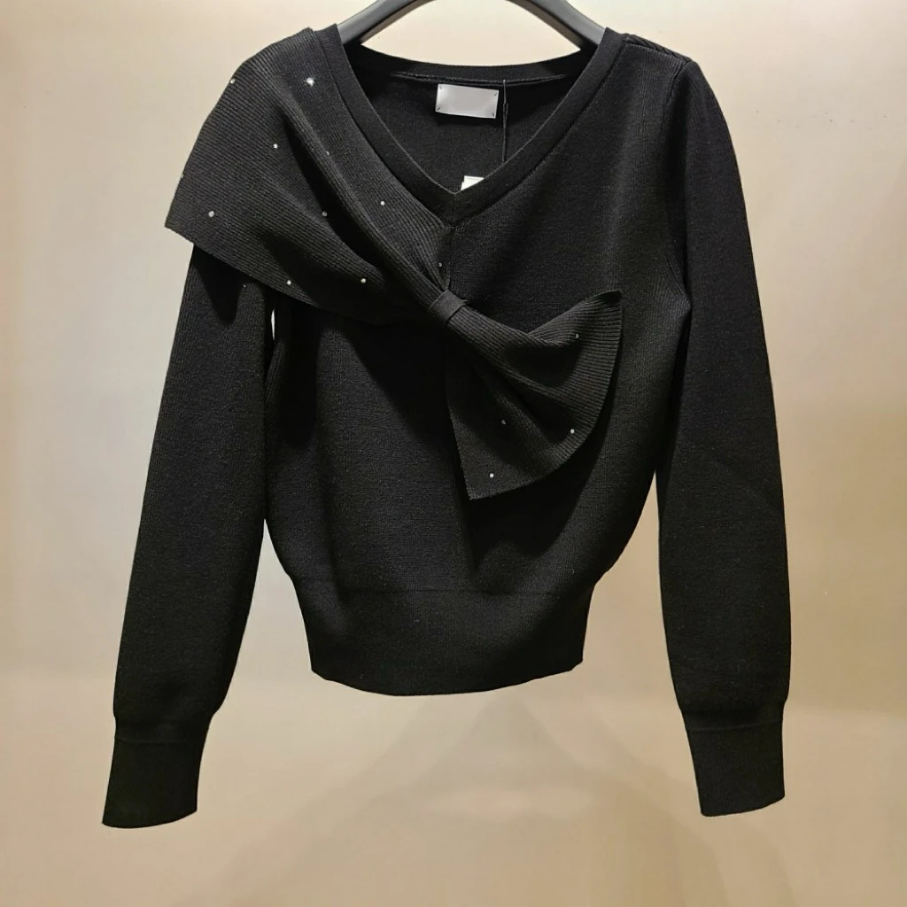 

Ele Faionable Long Sve Knitted Sweater Rhinestone Knot Slim round Ne Obz25 Spring Korean Single Piece