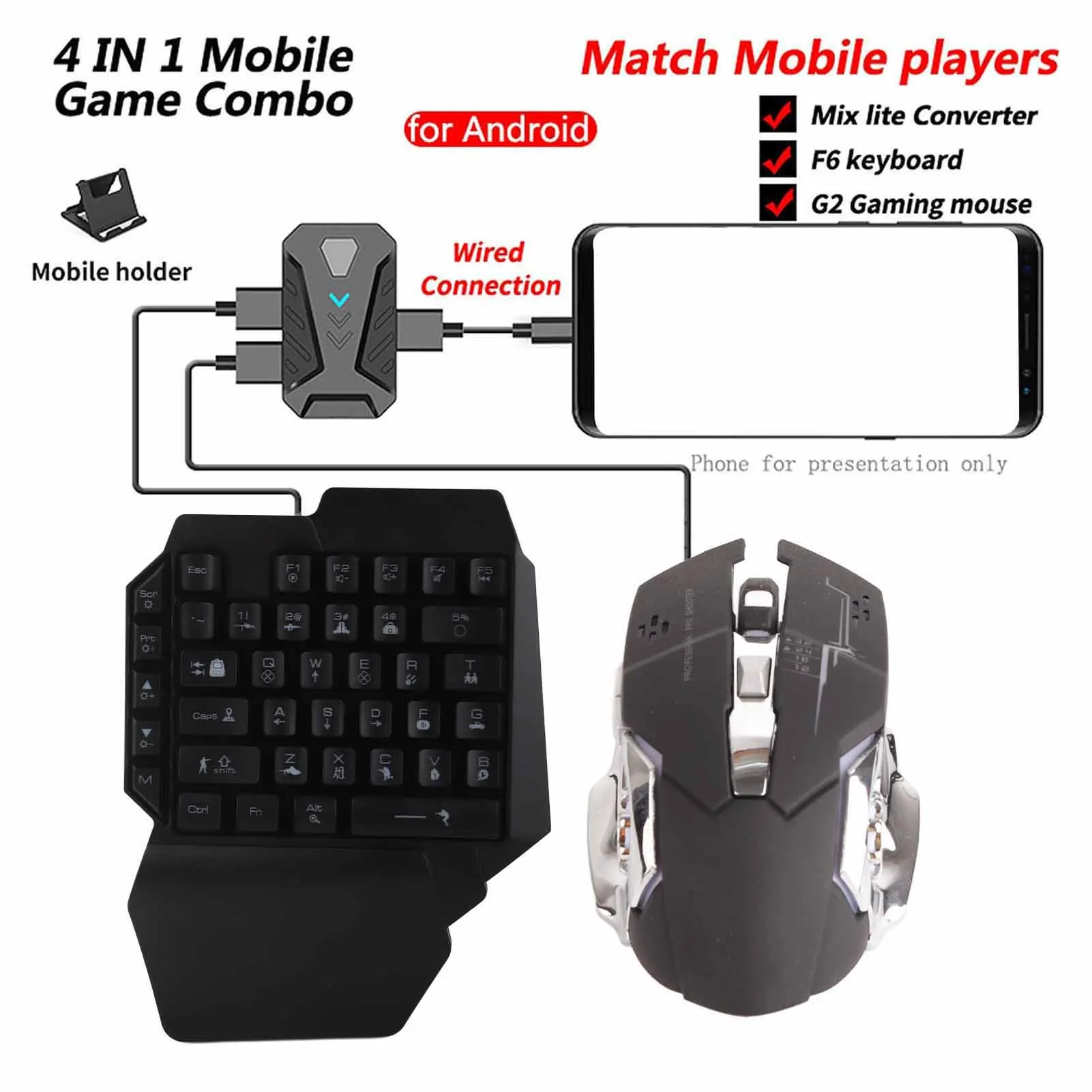 Gaming Keyboard Mouse Converter Drive BT Mechanical Feeling Gaming Keypad Mouse Half Hand for Entertainment for Mobile Phone