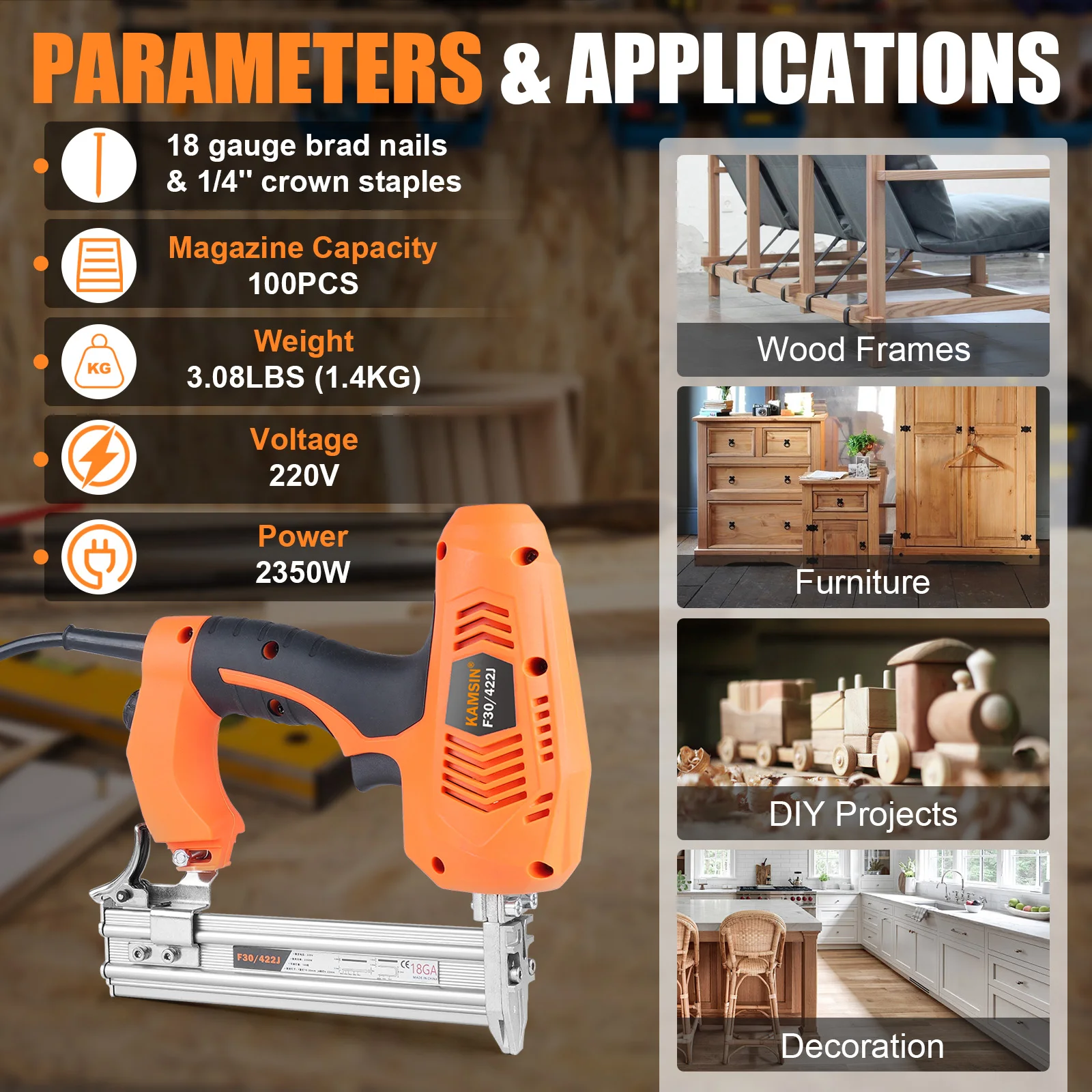

F30G-422J 2in1 18/20 Gauge Electric Nailer, 3/8-inch to 1-3/16-inch (10-30mm), 1/2-inch to7/8-inch(13-22mm)Electric Nail Gun