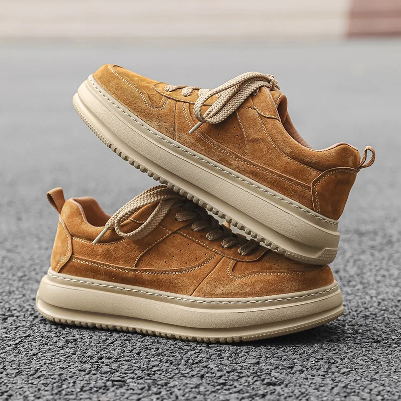 Fashion Trendy Round Head Men's Casual Board Shoes Small Leather British Commuter Suede Single German Training Casual Lace-up
