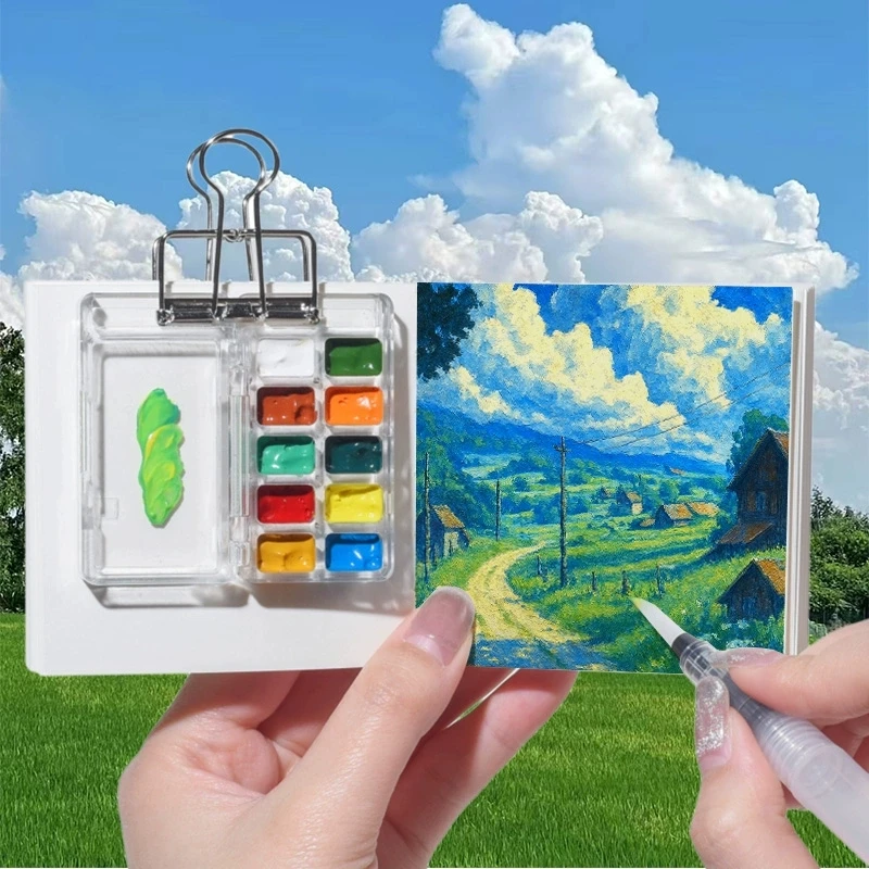 15/8-Fächer-Farbpalette, 1 Pinsel und ein Aquarell-Skizzenbuch, 12 Farbpigmente, 1 Klemme – perfekt für Kunst unterwegs – Detail 8