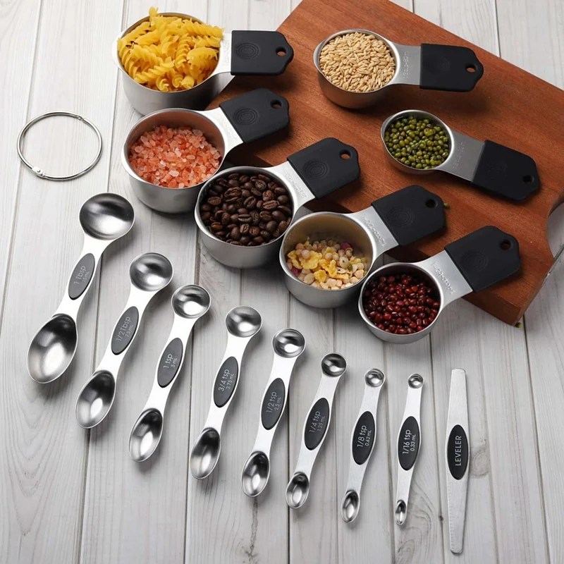 16Pc Magnetic Stainless Steel Measuring Cups & Spoons Set, 7 Heavy Duty Cups,8 Double Sided Spoons With Leveler