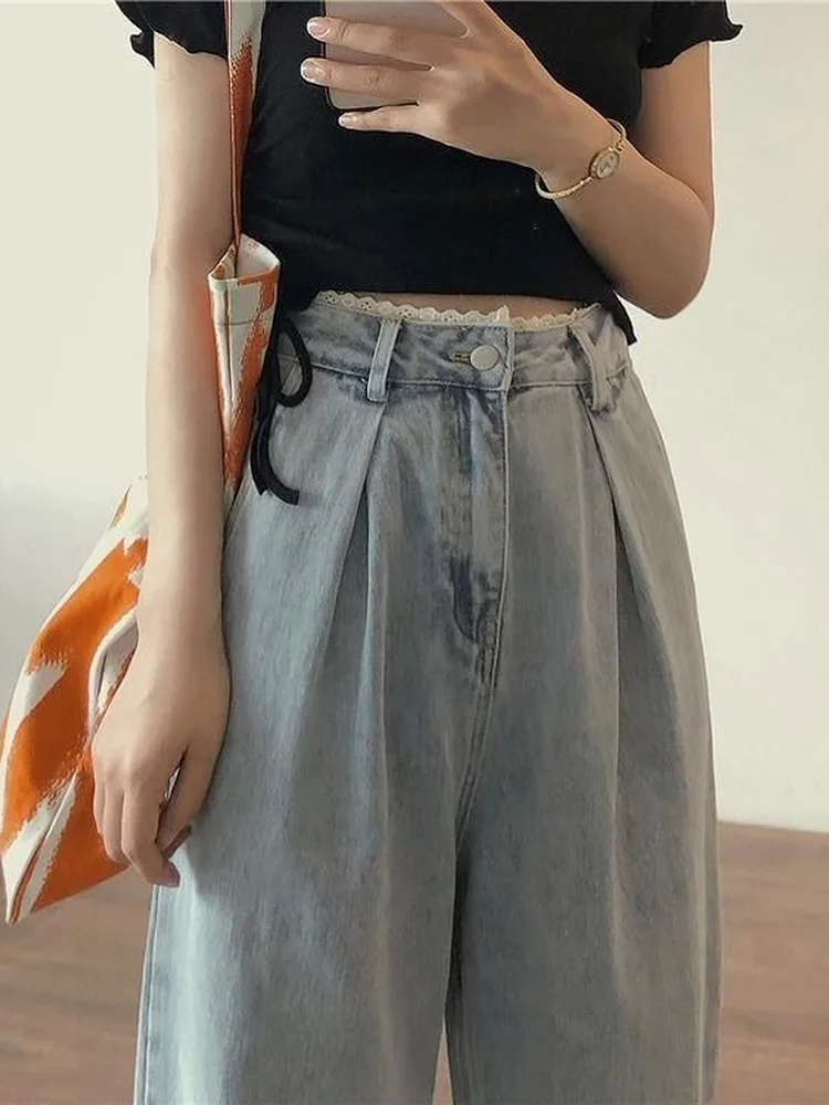 

Vintage Women's High Waist Wide Leg Jeans Lace Pleated Trousers Cleanfit Sle PU Fabric Mid-aged plus Size Medium Elastici