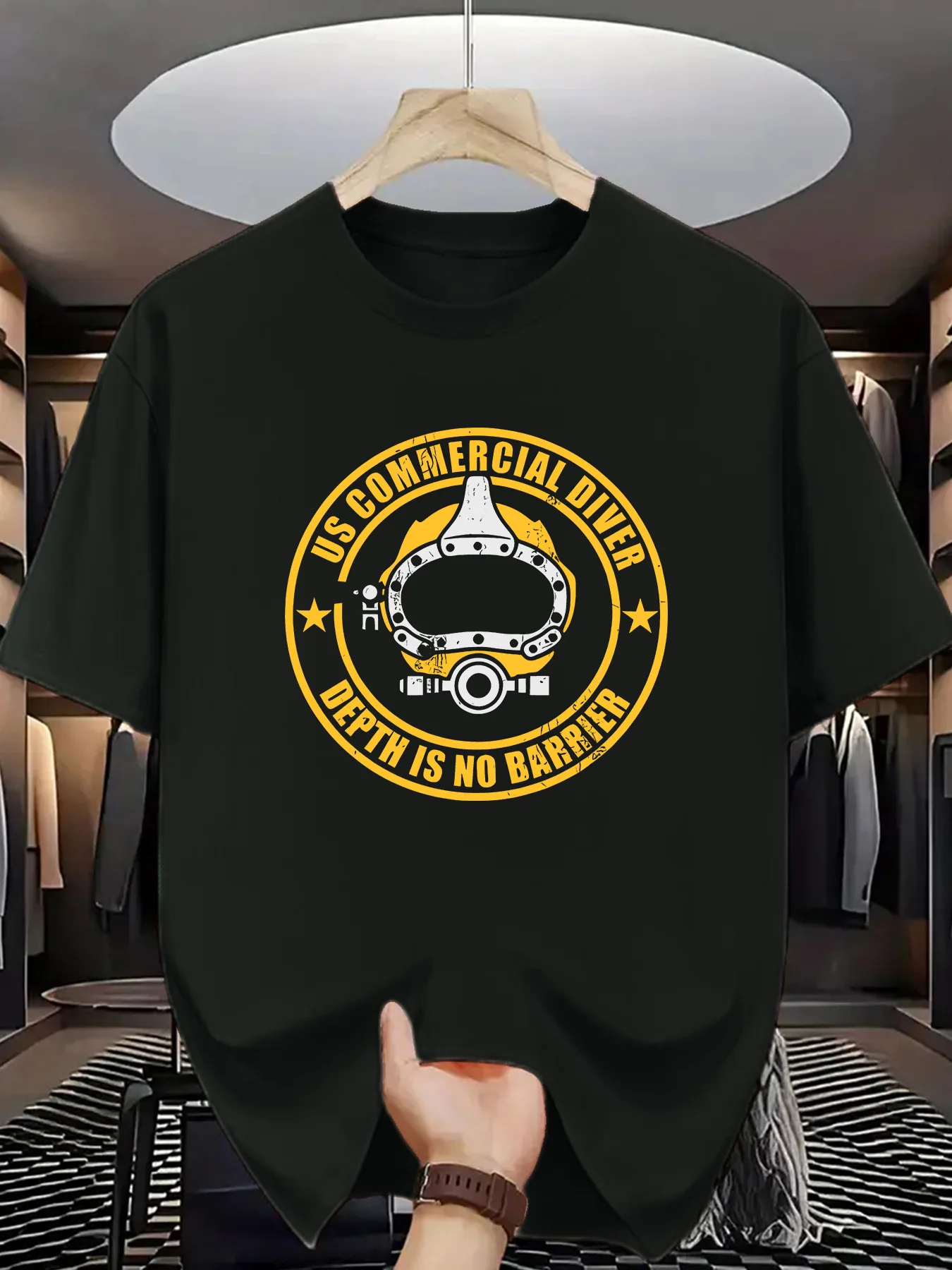 US Commercial Diver Depth Is No Barrier Printed Short Sleeve T-Shirt Diver Theme Design Men's T-shirts for Summer