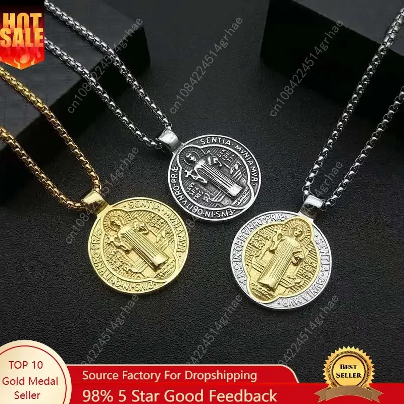 

New Catholic Saint Benedict Medallion Pendant Necklace Gold Silver Color Stainless Steel San Benito Collares For Men Jewelry