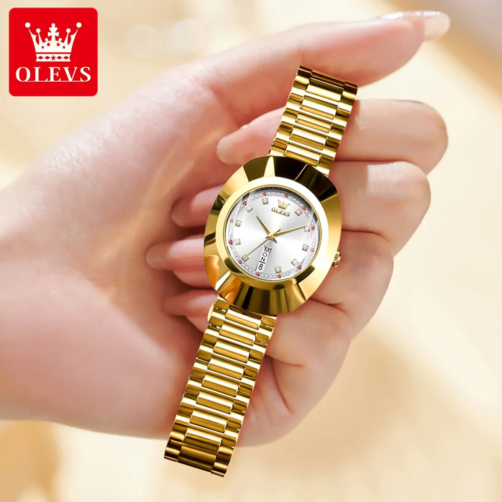 OLEVS 7017 Golden Tungsten Steel Case Luxury Quartz Watch for Women Fashion Diamond Scale Auto Date Waterproof Ladies Wristwatch