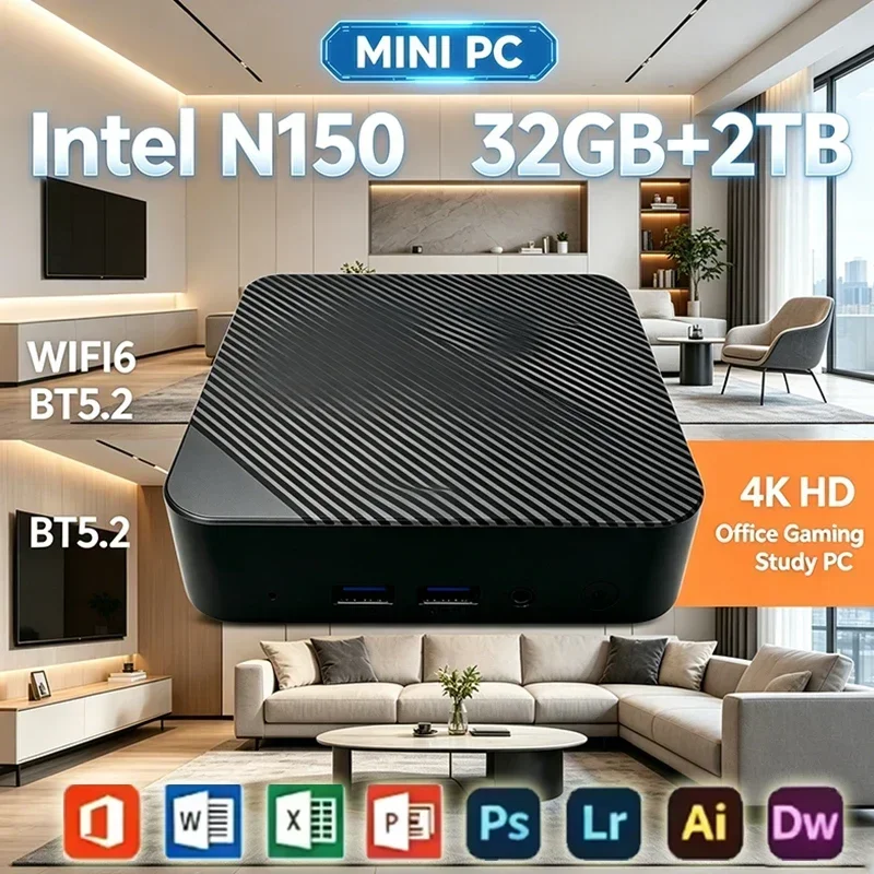 Intel Core N150 Portable Mini PC Compact Mini Laptop 16GB RAM 2048GB SSD HD WiFi6 BT5.2 Multifunctional Daily Notebook Gaming PC