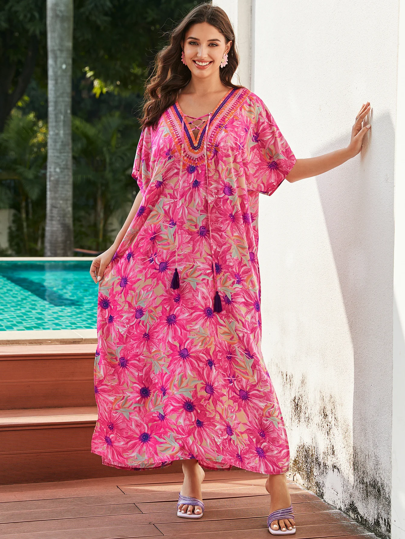 Women Print Beach Kaftan Dress Plus Size Batwing Sleeve Caftan Loungewear V-Neck Swimsuit Cover Up with Drawstring