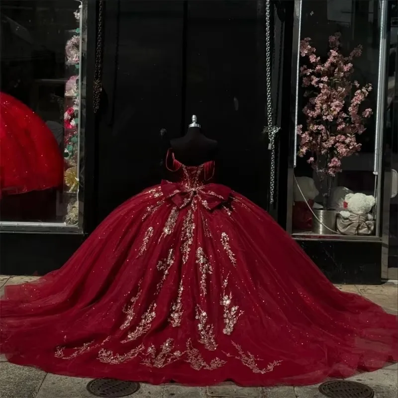 Angelsbridep brilhante borgonha vestidos quinceanera com arco ouro renda festa de aniversário querida princesa vestidos de 15 anos