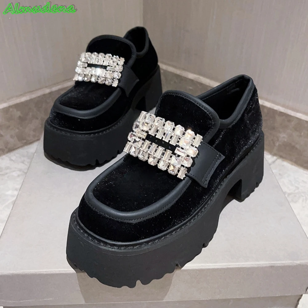 Square Toe Crystal Bling Women Pumps Thick Sole Slip On Chunky Heels Flannel 2024 Autumn Fashion Casual Women Pumps