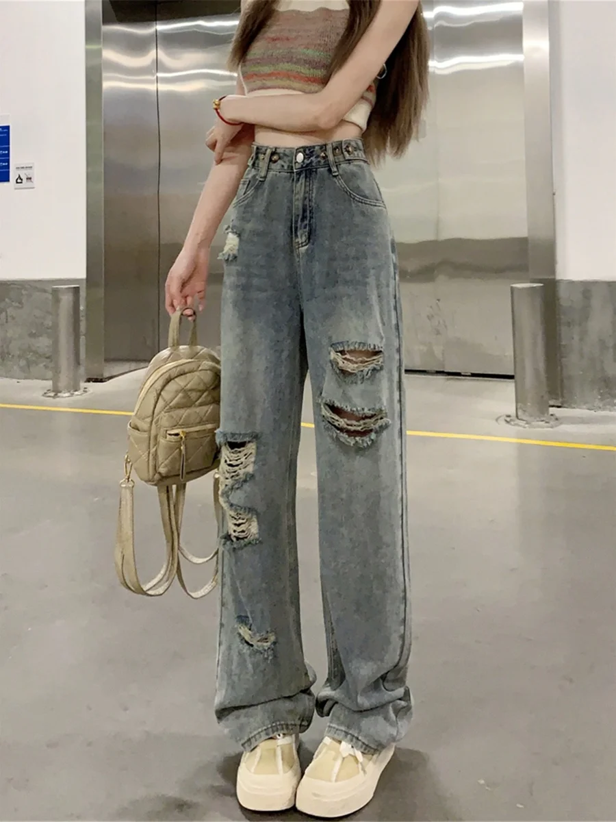 

American Style High Waist Straight Leg Jeans Women's Spring Autumn New plus Size Loose Fit Slimming Wide Leg Long Pants