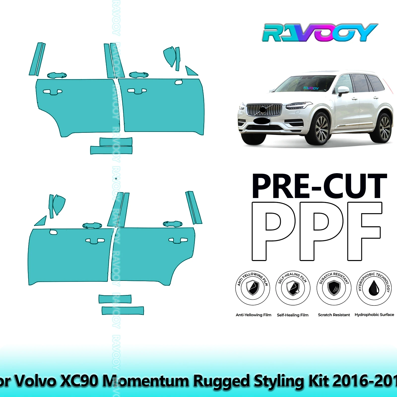 

For Volvo XC90 Momentum Rugged Styling Kit 2016-2019 8.5mil Pre-Cut PPF Door & A/B Pillar Kit TPU Paint Protection Film Set