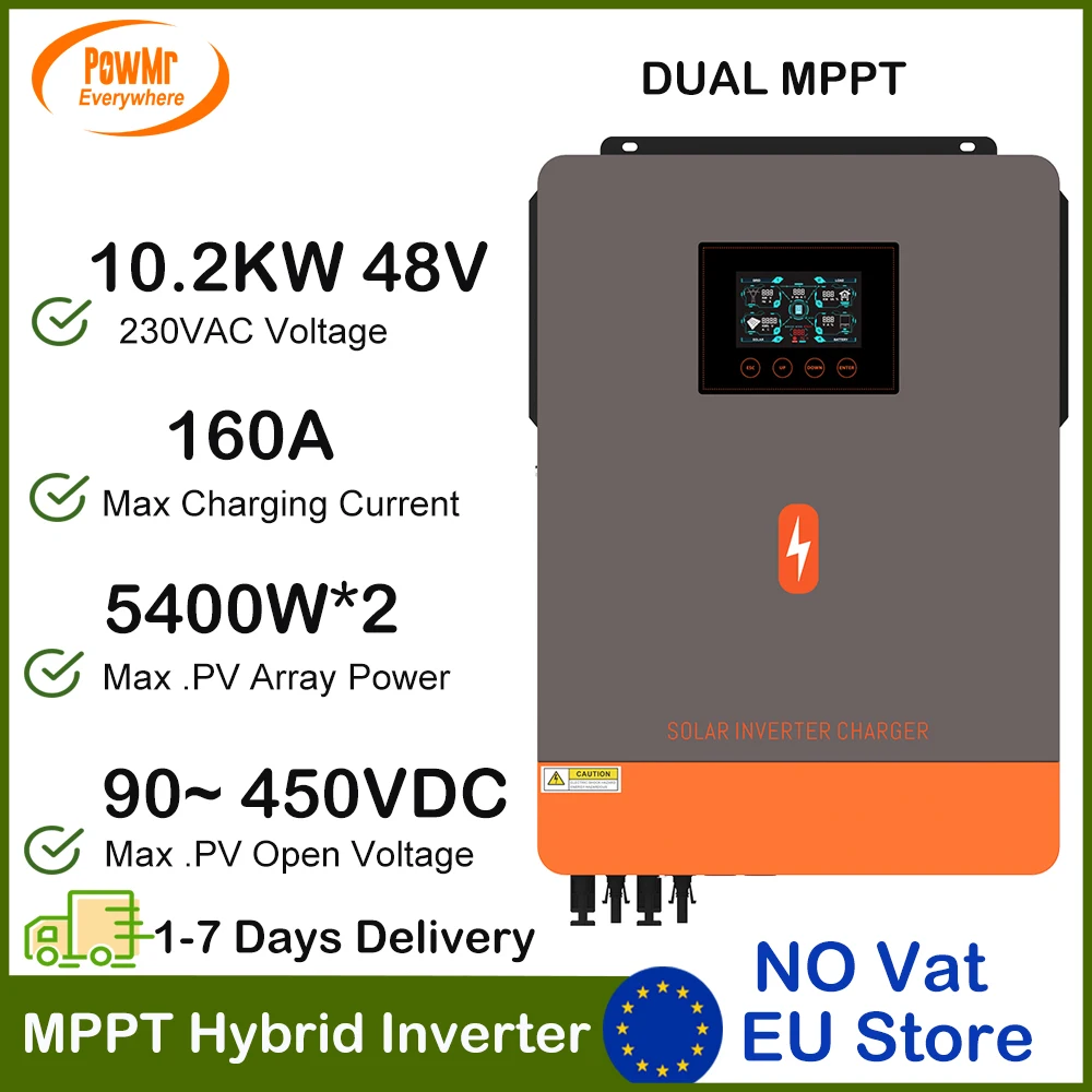 PowMr 10.2KW 48V inverter di energia solare ibrida con doppia carica solare MPPT 160A ingresso fotovoltaico massimo 230Vac 500Vdc inverter a onda sinusoidale pura