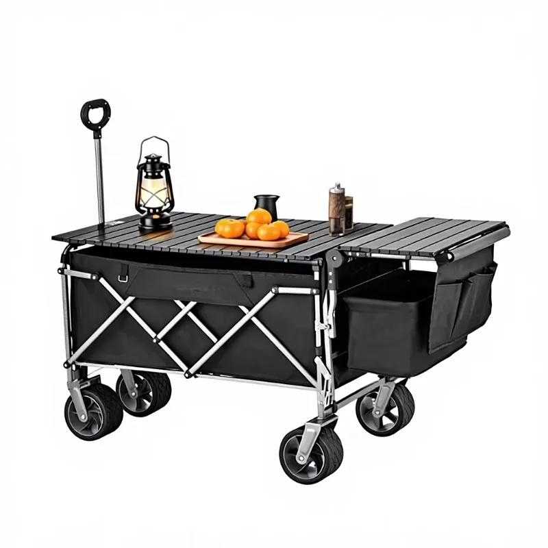 Wilderness Camping Cart Push-pull One-piece Outdoor Picnic Stall Foldable 600D Oxford Cloth Universal Wheels Longer Black/Silver