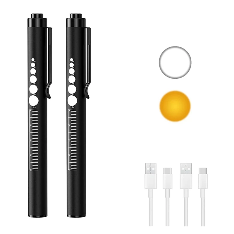 Rechargeable Pen Lights With Pupil Gauge & Ruler For Nurses Doctors, Echargeable, Warm/White Light LED Penlights 2Pcs