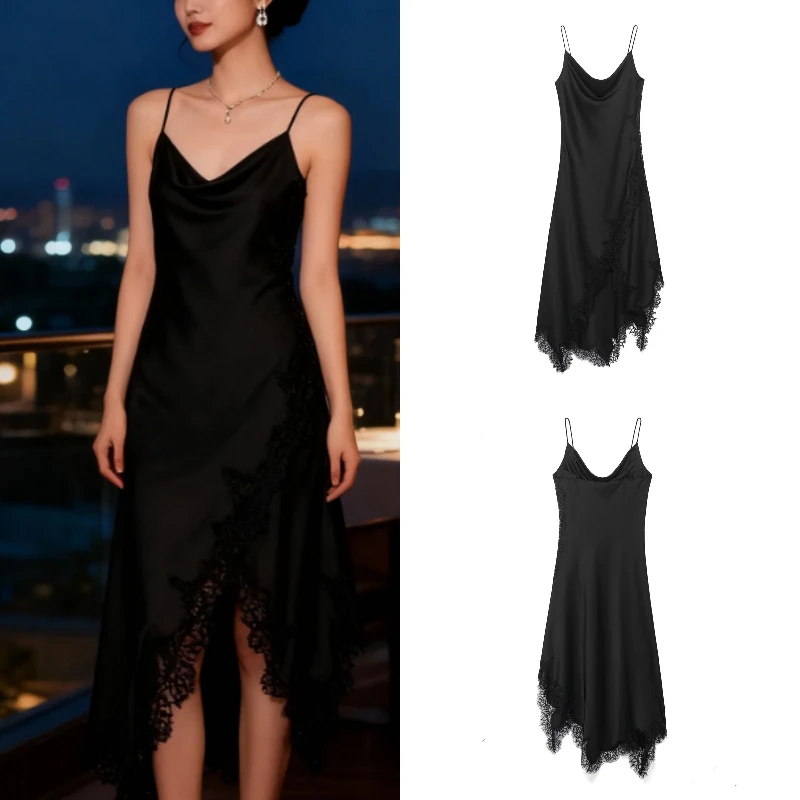 Robe en Satin de soie et dentelle pour femmes, tendance, Sexy, polyvalente, mode d'automne, robes décontractées élégantes et populaires pour femmes, 2025