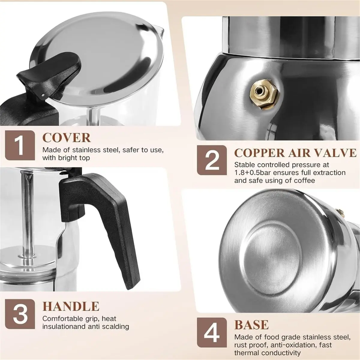Moka Pot Stovetop Espresso Maker, 300ml Glass-Top Stainless Steel Brewer Borosilicate Glass Top,for Rich Italian Coffee