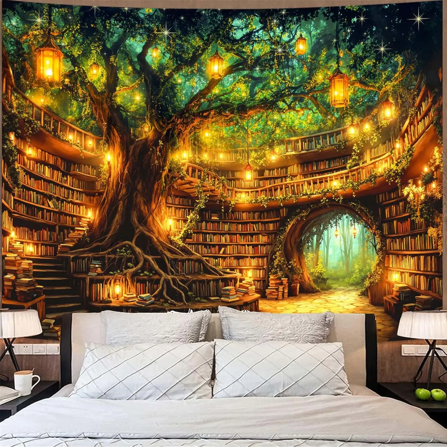 Magical Forest Library Tapestry, Enchanted Tree Bookshelf Print Large Wall Hanging for Bedroom Study Room Aesthetic Home Decor