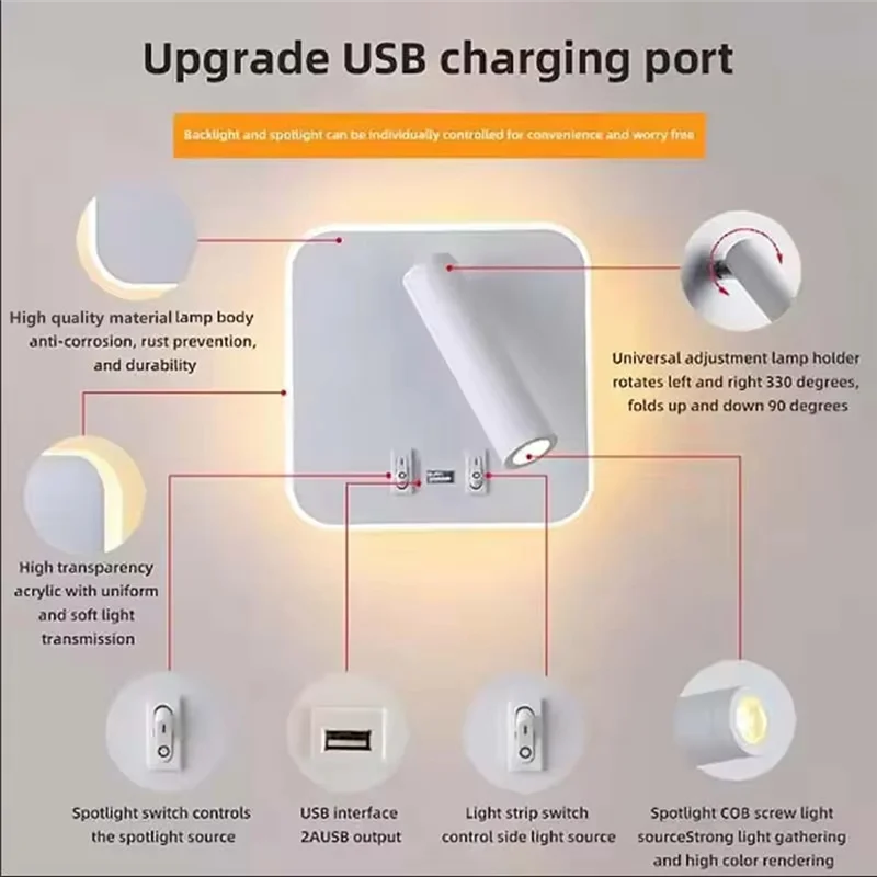 

ABUI-LED Reading Light Wall Mounted With Switch And USB Port Rotatable Bedside Wall Lamp Sconce Spotlight For Bedroom