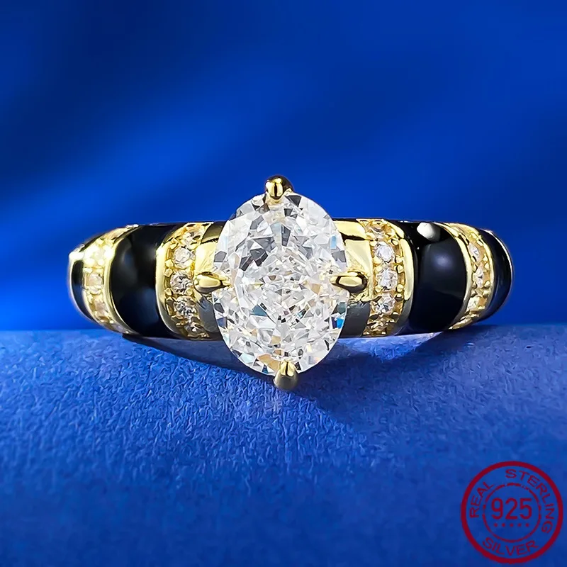 

New S925 Silver Inlaid 6 * 8 White Diamond Egg shaped High Carbon Diamond Silver Plated Women's Ring Wedding Jewelry