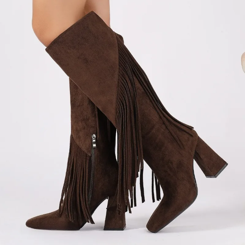 

Fashion Suede Chunky Heel Knee High Boots Women Winter Retro Tassel Cowboy Boots High Quality Square Toe Comfort Designer Shoes