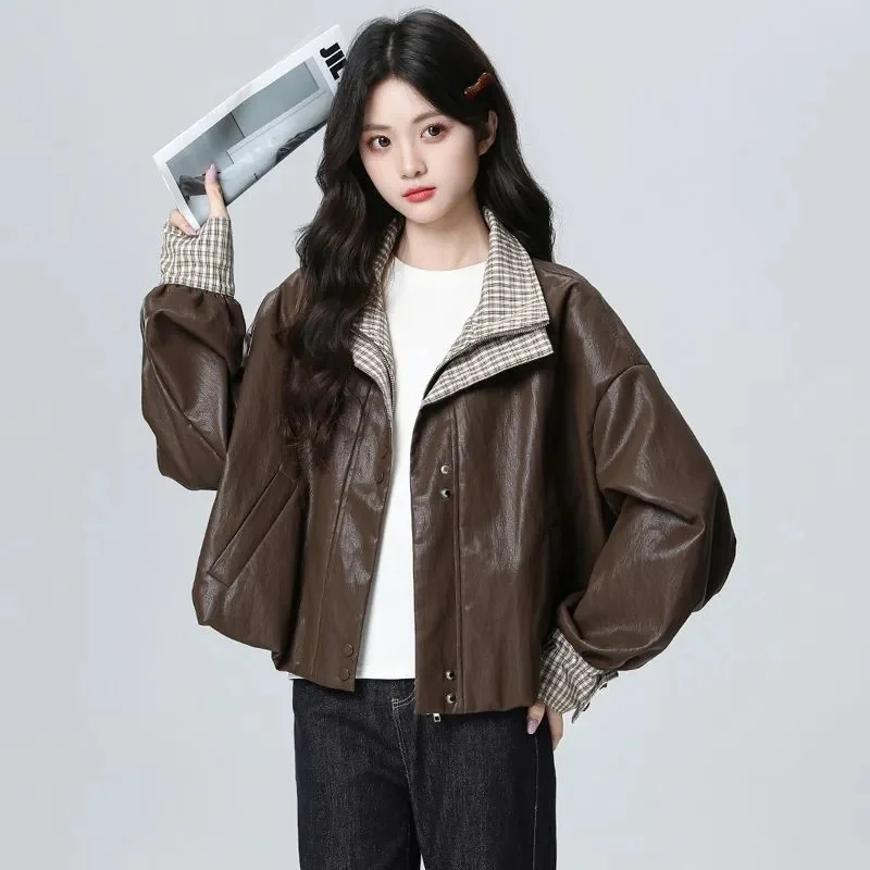 Korean Lady High End Lapel Patchwork Grid Top Autumn Femme Long Sleeves PU Leather Jacket Women Fashion Casual Faux Leather Coat
