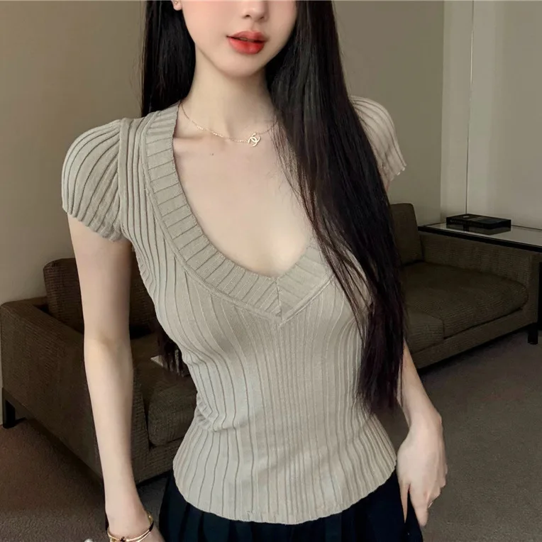 

8085 Blue Short Sleeve Top Summer Old Money Style Deep V Neck Elegant Irregular Ribbed Stretch Sexy Waist T-Shirt