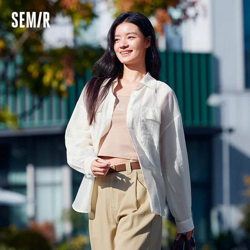 

Semir Women's Letter Print Long Sleeve Shirt with Sleeveless Vest Textured Blouse Summer Chic 2-Piece Set