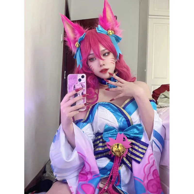 ss13Ahri コスプレ衣装アニメゲーム LOL スピリットブロッサムリーグ・オブ・レジェンドドレス女性ガールウィッグハロウィンパーティーセクシーな着物 Su