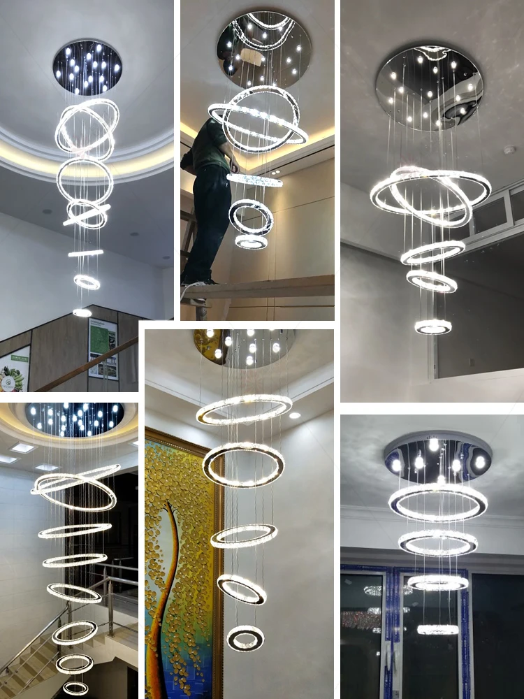 Luxury Crystal Chandelier Loft Round Ring Chandelier Spiral LED Chandelier Duplex Stairwell Chandelier with Remote Control