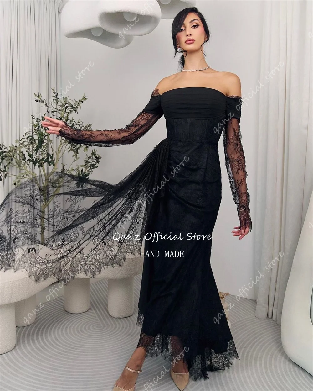 Qanz Dubai Lace Evening Dresses Off Shoulder Long Sleeves Mermaid Vestidos De Novia Formal Evening Dresses Women Customized 2025