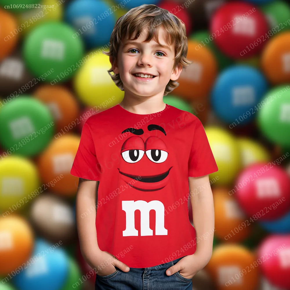 Summer M&M's T Shirt Kids Boys Chocolate Bean T-shirt Men Short Sleeve Top Funny Tee Clothes Girls Training Uniform Clothing